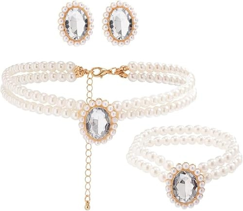 TOFBS 3PCS Perlen Schmuck Damen Smaragd Anhänger Halskette Armband Ohrringe Set Perlen Perlenkette Hochzeit Schmuck für Frau Freundin Braut Mutter Tochter Geschenk Weiß