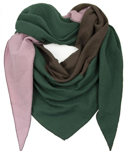 Gloop Bufanda de mujer XXL de punto triangular, pañuelo de algodón, pañuelo triangular, muselina, sin arañazos en la piel, fabricado en Italia, Verde-rosa-marrón oscuro, Talla única