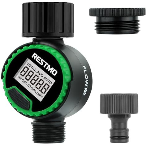 RESTMO Wasserdurchflussmesser mit 360° schwenkbarem Bedienfeld, Wasserzähler mit 4 Wassererkennungsmodi, Schlauchwasserzähler, ideal zur Überwachung des Wasserverbrauchs, Gartenbewässerung