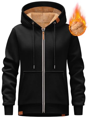 Lonya Hoodies for Women Fleece Jacket - Fleece Lined Zip Up Winter Warm Sherpa Long Sleeve Hoodie Ladies Sweatshirts Casual Loose Coat Outwear with Pockets, Black, M
