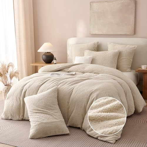 Warme Winter Bettwäsche 135x200 4teilig Beige Teddy mit 2 Kissenbezug 80x80 | Flauschig Teddy Wendebettwäsche Plüsch Flanell Deckenbezug Fleece Cashmere Touch 2 Bettbezug mit Reißverschluss