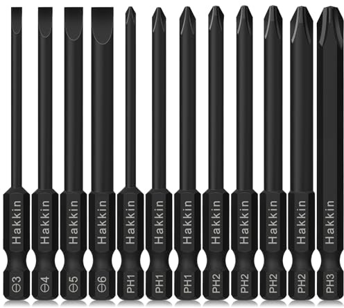 Hakkin 12Pcs Magnetic Flat Slotted Phillips Cross Head Security Bit Set | 75mm S2 Steel Screwdriver Bit Set 1/4” Hex Shank for Impact Power Tool SL3 SL4 SL5 SL6 PH1 PH2 PH3