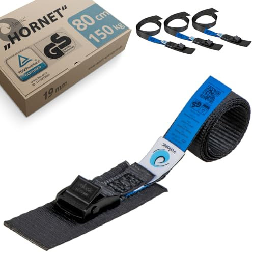 valonic Hornet - 4X 80cm cinchas de Amarre Cortas, 19mm, 150 KG, Acolchadas, Certificado TÜV Rheinl. & GS, EN-12195-2 - Cierre de Abrazadera, Negro, Cinta para portabicicletas, portabicis, Bicicleta
