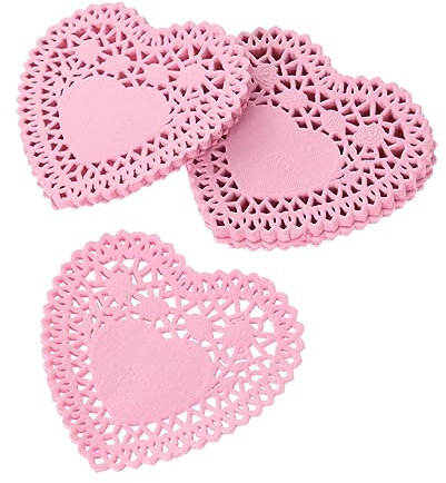PRETYZOOM Heart-Shaped Cake Lace Paper Doilies 250Pcs 4 Inch Oil-Proof Floral Baking Mats Random Color Patterns for Wedding and Party Decorations