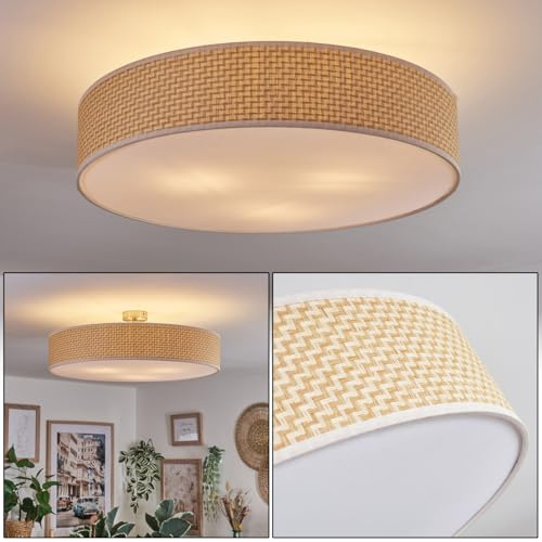 HOFSTEIN Deckenleuchte Foggia, Deckenlampe aus Metall/Papiergeflecht/Kunststoff in Nickel-matt/Natur/Beige/Weiß, runde Leuchte im Boho-Design (Ø 60 cm), E27, Esszimmer, Wohnzimmer, Schlafzimmer, Küche