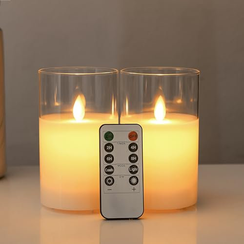 FiiMoo 2 Stück LED Kerzen, Batteriebetrieben, Weiß, Glas, Flackernde Flamme, Fernbedienung, Timer, Modern, Halloween