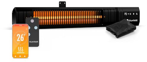 Blumfeldt Riscaldamento a Infrarossi 2000W – Montaggio a Parete & Soffitto, IP65 Impermeabile, 9 Impostazioni, Controllo WiFi, Tubi D'oro, per Balconi, Terrazze & Giardini