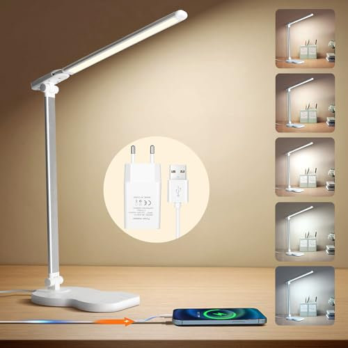 Aisutha Schreibtischlampe LED Dimmbare Tischleuchte 5 Farb und 10 Helligkeitsstufen Nachttischlampe USB-Anschluss für Aufladung des Smartphones für Kinder, Büro-Weiß [Energieklasse G]