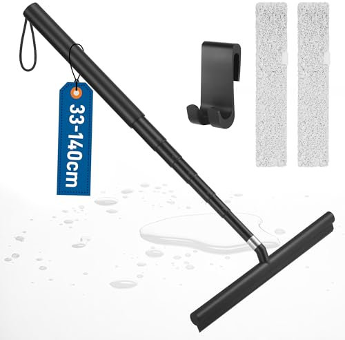 Kssvzz Duschabzieher Schwarz Langer Stiel, Abzieher Dusche mit 33-140cm Teleskopstange, Duschkabinenabzieher Silikon für Fenster Böden Duschen, mit Haken, Tücher