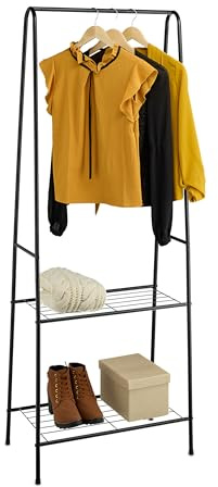 Relaxdays Kleiderständer, HxBxT: 162 x 60,5 x 35 cm, Kleiderstange, 2 Ablagen, Metall, freistehende Garderobe, schwarz