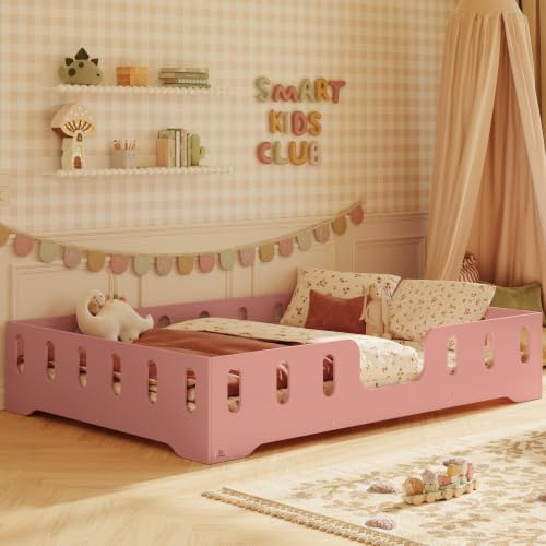 smartwood Bodenbett 140x200 cm mit Rausfallschutz, Holz, Rosa, TILA 2 | Montessori Kinderbett, Lattenrost belastbar bis 300 kg, FSC-Zertifikat, abgerundete Kanten, Einfache Montage, ab 3 Jahren