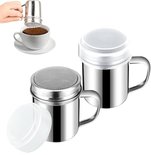 KHDULQ 2 Pièces Saupoudreuse a Sucre Glace,Saupoudreuse Cacao Sucrier pour Sucre Poudre Epices en Acier Shaker a Chocolat Tamiseur,Boite Glace,Chocolat Tamiseur pour Cacao Plastique/Acier Inoxydable