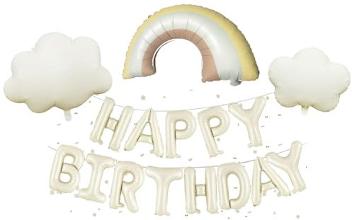 KOBOKO Happy Birthday Ballon Beige, 16 Zoll Happy Birthday Luftballon Girlande Regenbogen Deko Kindergeburtstag, Wolken Folienballon Geburtstag Babyparty Deko, Regenbogen Luftballons Beige Party Deko