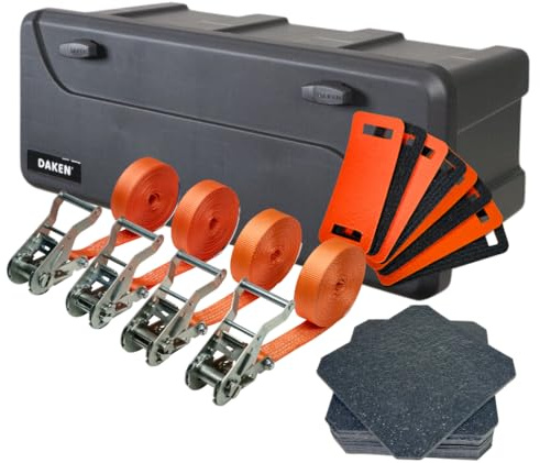 LOADCARE Ladungssicherung für PKW Transporter Anhängerkiste wasserdichte Deichselbox mit Zubehör 750x300x355 (Mit orangen Gurten, Kantenschutz + Antirutschmatten)
