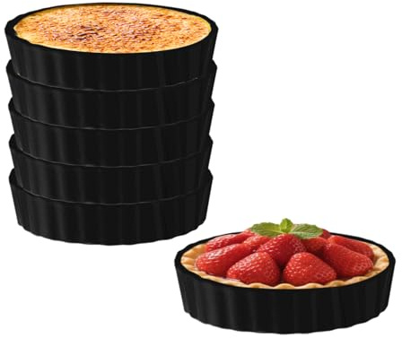 6oz Porcelain Ramekins for Creme Brulee, Oven-Safe Mini Baking Dishes, Striped Ceramic Ramekins, White Dessert Cups for Quiche, Soufflés, Dips & Serving, Set of 6 (BLACK)