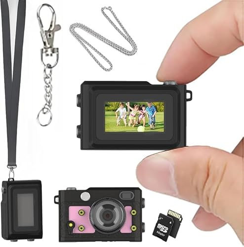 Mini CAM Keychain Cam 1.47 Inch Screen Mini Retro Camera Small Digital Camera 1080P HD Portable Video Recorder Photo/Video Mode Switch 64G TFType-C 2H Battery 62g (Keychain/Neck Strap) Pink