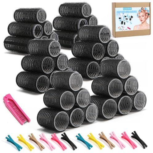 Heatless SelfGrip Hair Rollers Kit, 3 Sizes (0.79,1.18,1.57) for Short/Medium Hair | 36 Rollers +12 Clips +1 Comb | No Heat Curlers for Overnight Waves,Travel & Damage-Free Styling. (Black, Medium)