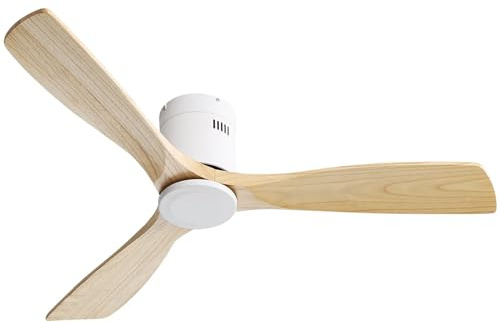 Pangshiyuan Ventilateur de plafond 52 sans lumière, 3 pales en bois naturel massif, moteur DC silencieux et réversible, 6 vitesses, télécommande, blanc (132x132x24,5cm)