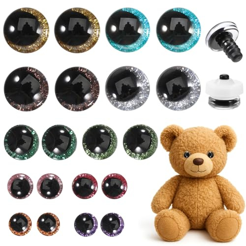 20 Stück Glitzer Augen für Häkeltiere 12/14/16/18/20mm Bunt Sicherheitsaugen für Häkeltiere mit Unterlegscheiben 3D Kunststoff Bastelaugen