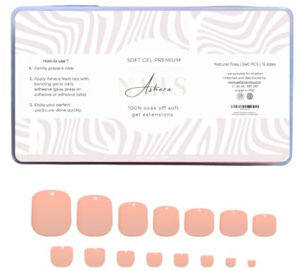 Ashera Nails Capsules Soft Gel Premium Pieds Natural Medium | 240 Capsules, 15 Tailles - Faux Ongles Pieds Pose Américaine - Pédicure Nude Inclusive, Confort Gel Flexible