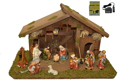 Generisch Alfred Kolbe Weihnachtskrippen Set mit Holzstall, Figuren, Beleuchtung, Lagerfeuer und Trafo