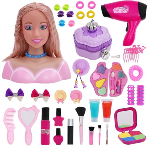 Xweptuy 40PCS Styling Head Doll for Kids with Hair Dryer Accessories, Kids Hairdressing Set Deluxe Makeup Pretend Playset Styling Head Doll Hairstyle Toy
