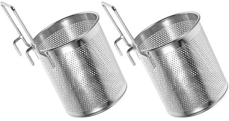 Baluue Coladores de Acero Inoxidable con Gancho para Olla Caliente Cesta de Malla Fina Grande 10X11 CM para Filtrar Fideos Verduras y Pasta Colador Doble Resistente para Cocina y Olla