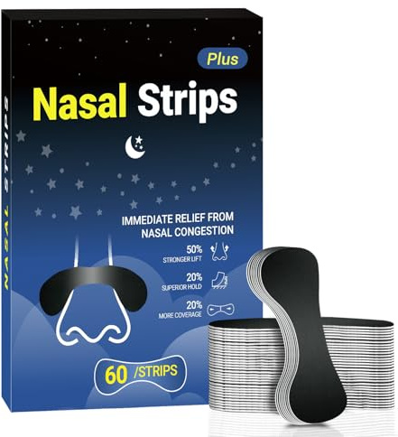 60 Pcs Nasal Strips for Snoring - Extra Strength Nose Strips for Breathing with Strong Adhesion - Sweat Resistant Design for All Day Use - Improves Sleep and Workout Performance - Black