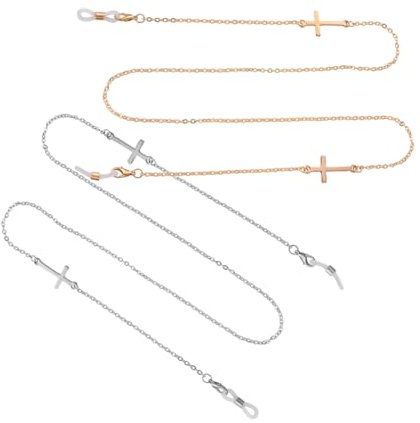 Abaodam 2pcs Anti-lost Eyeglass Chain Necklace Set Vintage Cross Pendant, Non-slip Alloy Glasses Holder Strap for Women, Glasses Hanger around Neck, Gold and Steel Colors