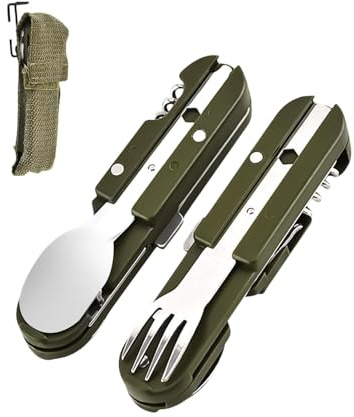 LOZTBUE 2 Pièces Vaisselle Pliante en Acier Inoxydable 5 en 1, Outils de Camping en Plein Air, Couvert Multifonction, pour les Pique-Niques et les Aventure