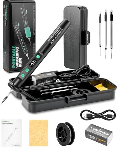 Lizoak Fer à Souder USB avec 3 Pannes (K, 3C, B) | Kit de Soudage Portable 15W avec Boîtier et Support | Chauffe Rapide 8s | 3 Températures 180-450°C | Réparation et Pyrogravure(Noir)