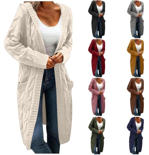 Generisch Cardigan long à capuche pour femme - Manches longues - Avec poches - Grosse maille - Ouvert sur le devant - Pour l'automne et l'hiver - Style décontracté - Couleur unie - Veste demi-saison