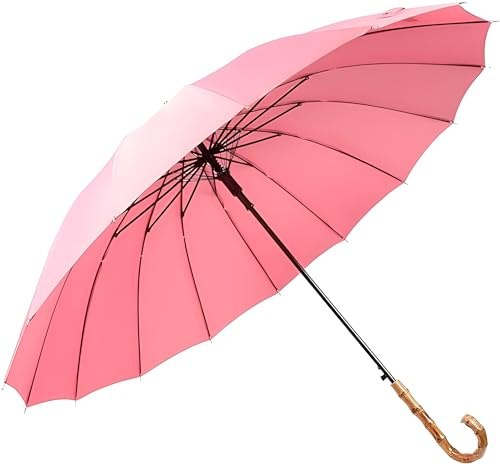 Lanker KS08P Regenschirm, lang, mit 16 Streben zum Öffnen und Schließen, manuell, langlebig und strapazierfähig, 210T, wasserdicht, winddicht, Sport, Rosa