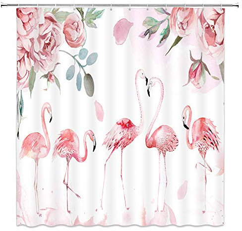 Flamingo Shower Curtain Rose Flower Birds Animal Watercolor Art Romantic Pink White Blush Bathroom Curtains Decor Polyester Fabric Waterproof 70 x 70 Inches Include Hooks