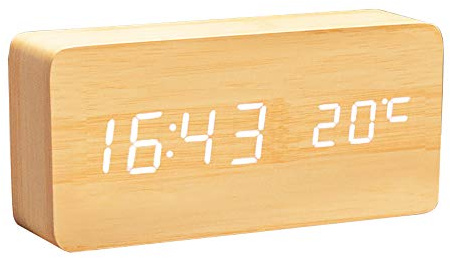ThreeH Sveglia LED in Legno,Cuboid Sveglia da Tavolo Digitale, 3 Set di Allarme/Alimentazione USB/Controllo Vocale/Visualizzazione di Ora/Settimana/Data/Temperatura/umidità Yellow_White