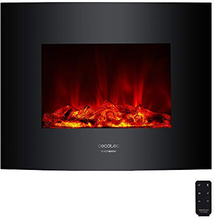 Cecotec Chimenea Eléctrica Ready Warm 2600 Curved Flames. 2000 W, Tamaño 26, 2 Niveles de Potencia, Mando a Distancia, Panel Curvo de Cristal Templado, Temporizador, 25 m2