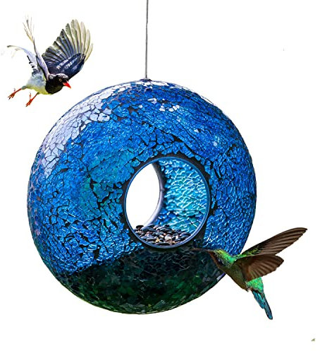 Topadorn Blue Mosaic Hanging Wild Bird Feeder, Outdoor Yard Garden Ornament