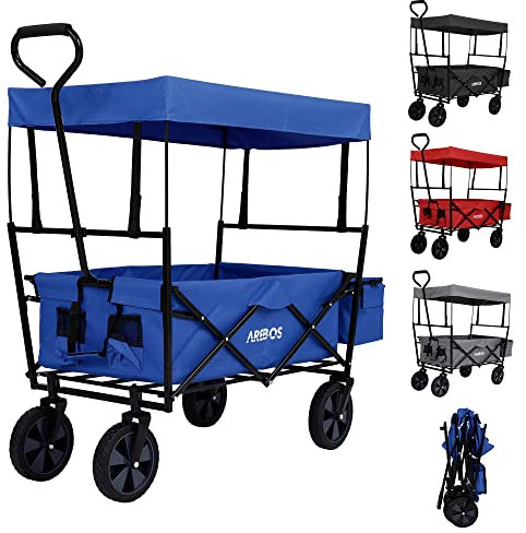 Arebos Carreta Plegable | Carretilla Jardin y Aire Libre con Techo | Carro Playa | Carro de Mano & de Transporte | 2X Bolsillos de Malla y 1x Bolsillo Exterior | Neumáticos de Goma Maciza | 70kg