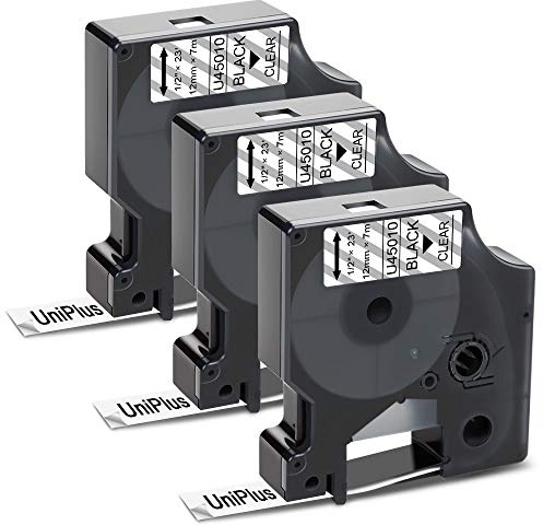 3x UniPlus Kompatibel Schriftband Ersatz für D1 45010 S0720500 12mm Schwarz auf Transparent für LabelManager 160 210D 360D 280 420P Labelpoint 250 Labelwriter 450 Duo Turbo COLORPOP
