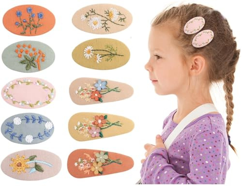 Haarspangen Mädchen, KAQILE 10 Stück Rutschfeste Clips Stoff Stickerei Blumen Geformte Kinder Haarspangen, Süße Metall Schnapphaarspangen Haarstyling-Accessoires für Mädchen Kinder