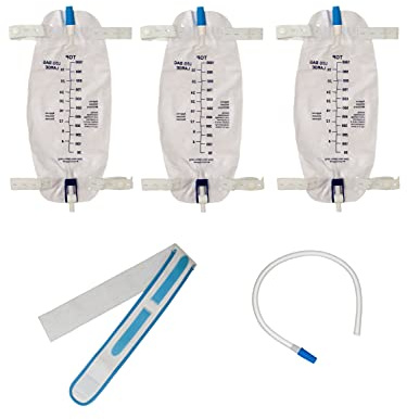 Leg Bag Urinary Drainage Bag 3-Pack, 1000ml – Includes 3×18” Tubing, Anti-Reflux Valve, Cloth Straps, Easy Flip Drain Valve & Deluxe Leg Strap – Comfortable Catheter Drainage for Night or Day Use.