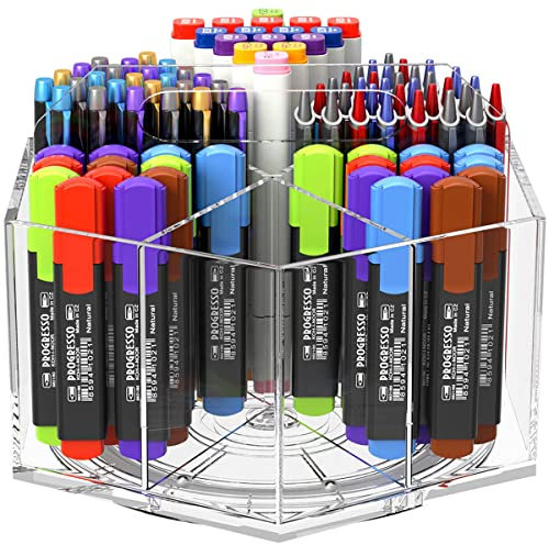 NIUBEE Acrylic Pen Pencil Holder 6 Compartments, Multi-capacity Marker Storage Art Supply Organizer, 360° Rotating Clear Pencil Cup Makeup Brush Organizer for Desk