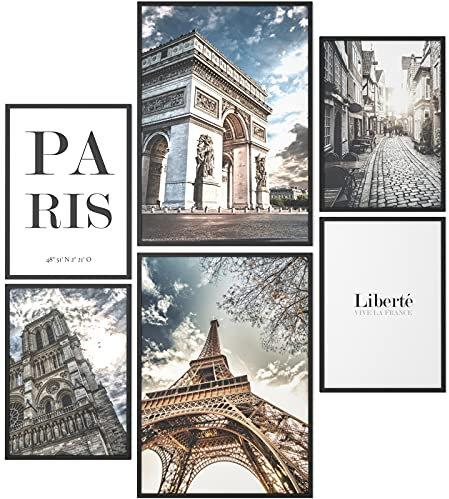 Papierschmiede® Mood Poster Set Paris, Fertiges Bilder Set mit Rahmen (Holz, schwarz), Wohnzimmer Deko Schlafzimmer, 2x DIN A4 und 4x DIN A5, Eiffelturm Frankreich Triumphbogen