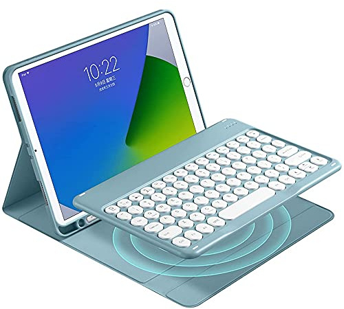QYiD Funda con teclado para iPad Air 2/1, funda folio con soporte para lápices, teclado redondo desmontable Mangnet para iPad Air 2 – iPad Air 1, azul