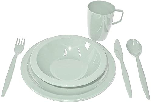 Harfield Camping Grey Green Tableware Set - Plate, Bowl, Beaker and Cutlery - Reusable Virtually Unbreakable Polycarbonate Plastic