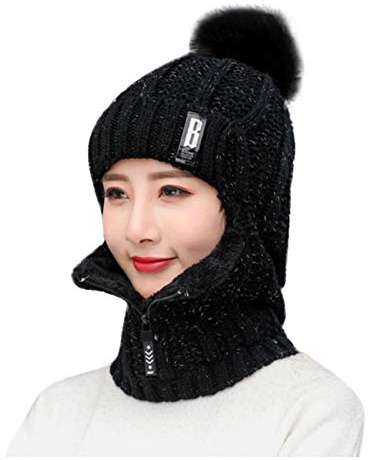 qudang Winter Mütze Schal Set Damen Wintermütze mit Bommel Reißverschluss Sturmhaube Unisex Strickmütze Dicke Fleecefutter 3 in 1 Warm Gefüttert für Outdoor-Wintersport