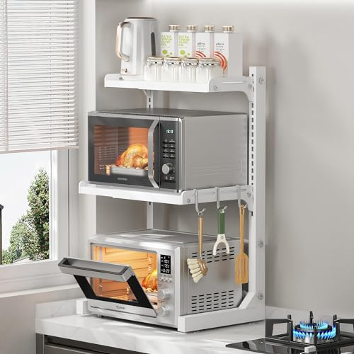 ABCOOL Einziehbare Verstellbare 2 Achsen Küche Bäcker Mikrowellenherd Rack, 2 Ebenen Erweiterbar und Höhenverstellbar Karbonstahl Regal Theke mit 3 Clip-Haken, Elektroherd Halterung