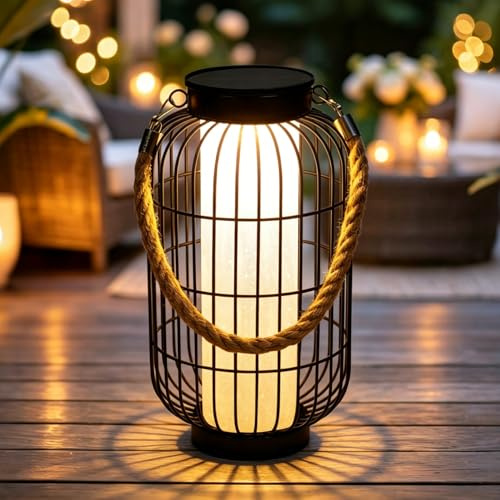 pearlstar Large Solar Powered Lantern Outdoor-Heavy Duty Metal Hanging Lights Decorative Solar Table Lamp Waterproof for Outside Patio Yard Garden Porch Tabletop Decor (Black)