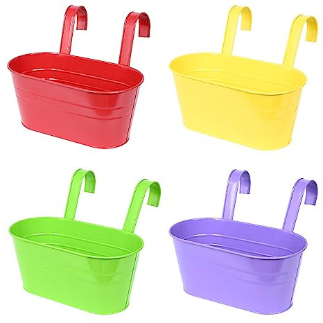 Atoke 4 Pack Metal Hanging Flower Pots for Railing Fence,27.5cm Large Plant Pot Hanging Bucket Pots flower Plant Holder with Detachable Hooks for Balcony Porch Garden Home Decors