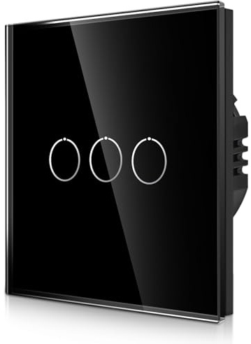 CNBINGO Interruptor de luz táctil empotrado en negro - Triple con LED de estado y panel de cristal - No requiere cable neutro - 3 vías - 500 W/compartimento